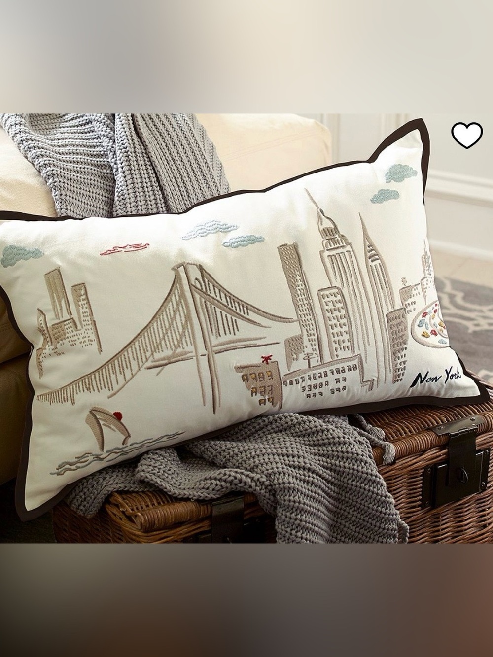 Pottery Barn New York Embroidered 100% Cotton Pillow Sham, Zip, 26"x 16"